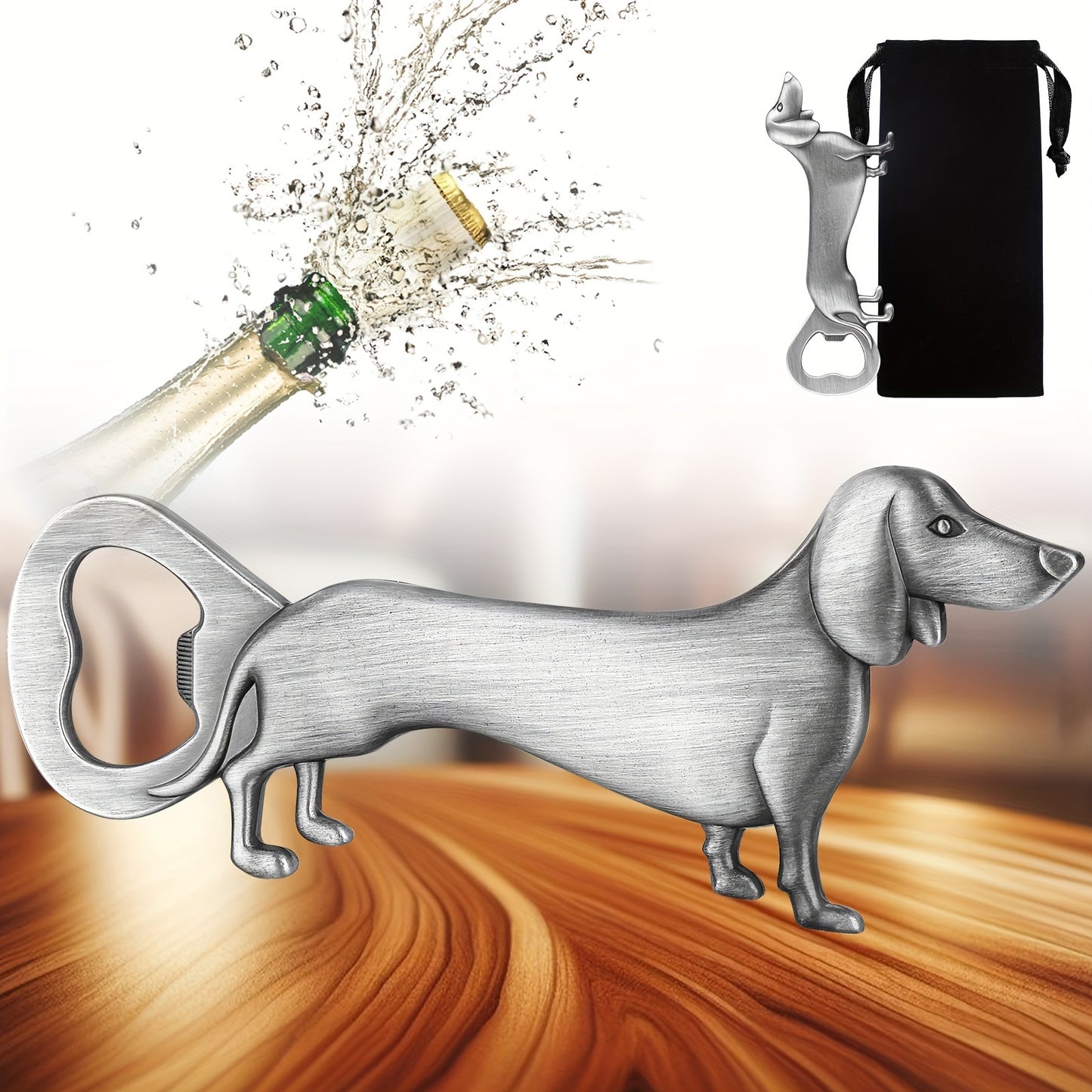 Dachshund bottle opener for beer, wine, and juice, ideal for bars, clubs, and home entertaining, including a velvet pouch. Perfect for summer drinks.