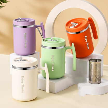 Stylish stainless steel coffee mug with straw, handle, perfect for office, reading, camping. Available in orange, light blue, cream, ideal for drinking coffee or tea.