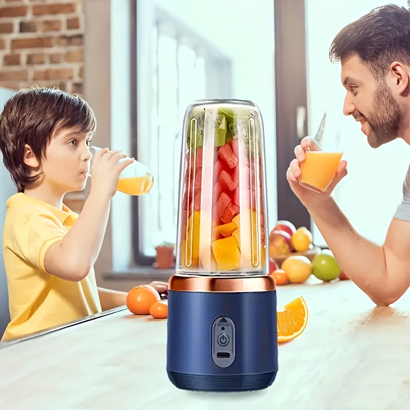 Portable USB rechargeable blender with 6-blade system, detachable food-grade ABS cup, push-button control, and long-lasting 1500mAh lithium battery - perfect for smoothies, shakes, and children's meals. Travel-friendly design includes a lid and is