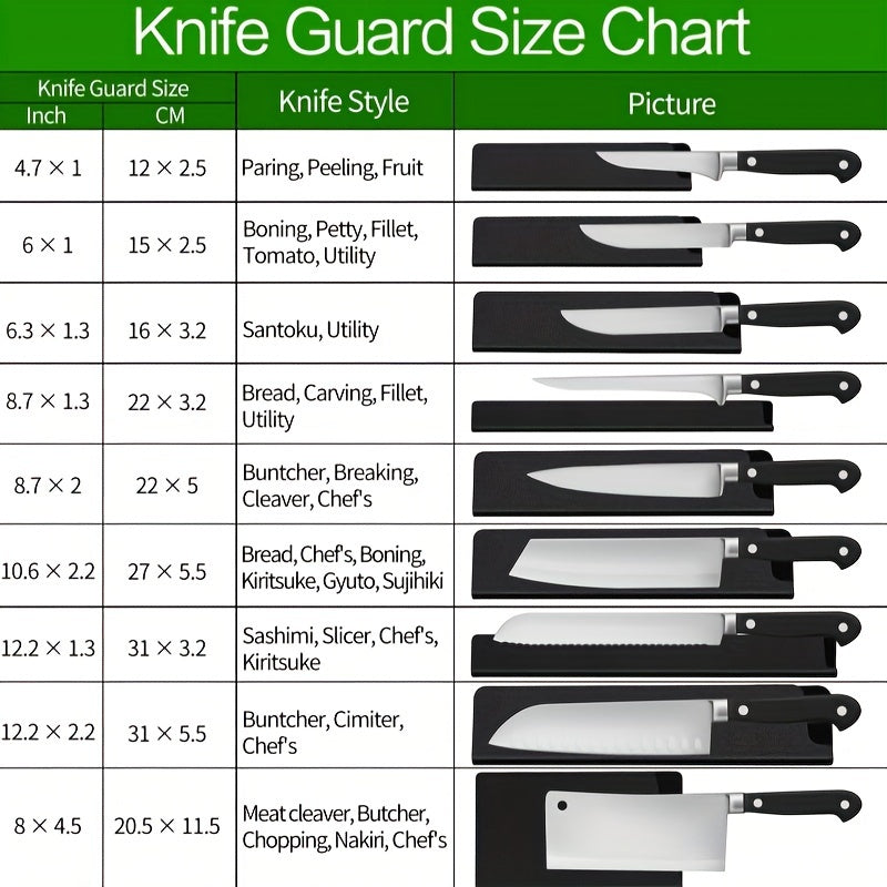 This set includes 5 universal knife edge protectors that are non-BPA and waterproof. They are made with wear-resistant felt lining to gently protect the blades of your knives. Perfect for use in the kitchen, outdoor camping, or hunting, these knife