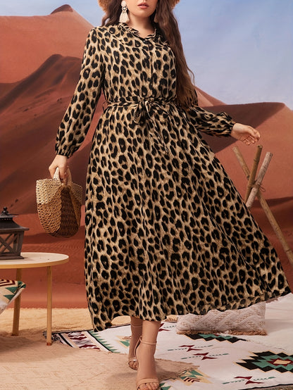 Plus-size leopard print dress with lantern sleeves, belt, collared neckline, and non-stretch polyester material. Machine washable and suitable for all seasons and occasions.