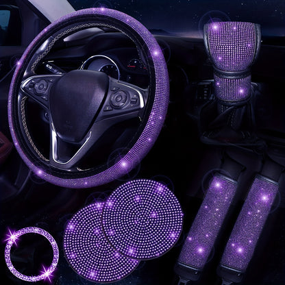 Women's bling car accessories: steering wheel cover, coasters, seat belt shoulder pads, ring sticker, and gear shift cover.