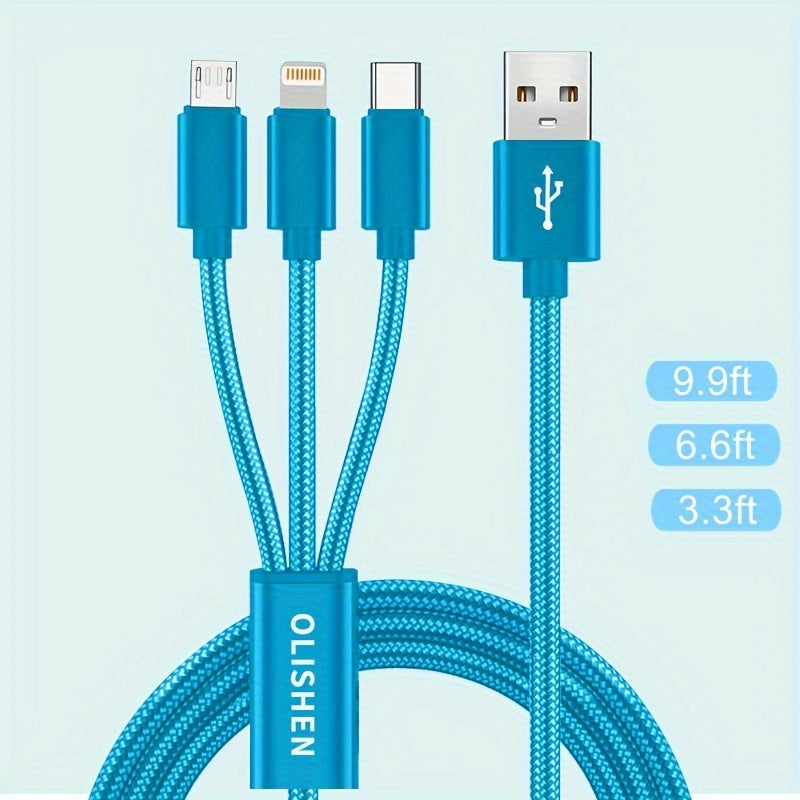 OLISHEN 3-in-1 Nylon Braided USB Charging Cable with multiple lengths (100.58cm/201.17cm/3.02meter) and fast charging capabilities for iPhone, Samsung, Xiaomi, and other devices. Can be