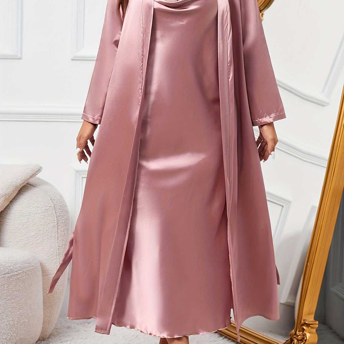 Elegant satin pajama set for plus size women, including slip dress and robe with belt. Perfect for fall and winter.