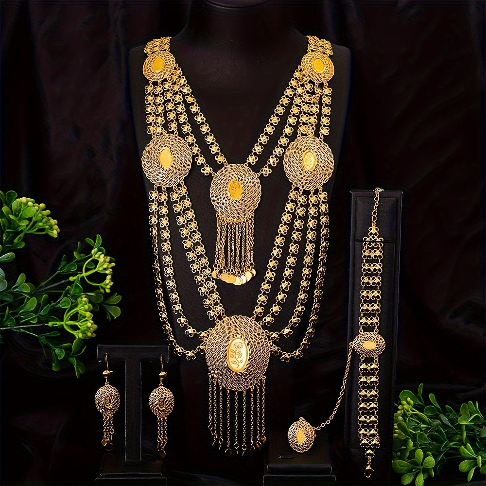 Stunning Gold-Tone Copper Jewelry Set in Arabic Style, Exuding Bohemian and Sexy Vibes. Features 18K Golden Plating, Multi-Layered Design, and Elegance. Ideal for Weddings, Parties, Ramadan, or as a Year-Round Accessory Gift for Women.