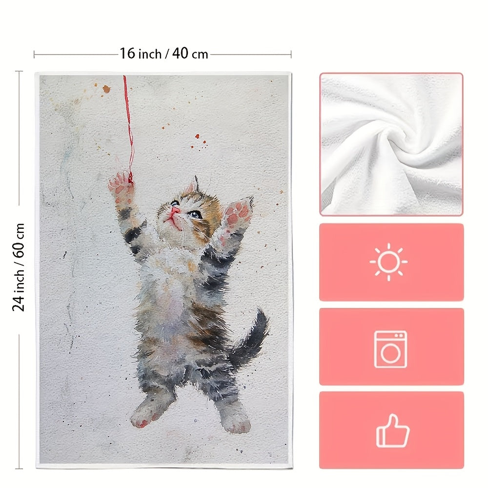 Set of 2 Ultra Soft Kitchen Towels featuring Adorable Kitten & Ribbon Design. These Highly Absorbent Towels are Machine Washable and have a Modern Watercolor Style. Sized at 40.64x60.96 cm, they are Ideal for Holiday Decor and make Great Dish Towels for