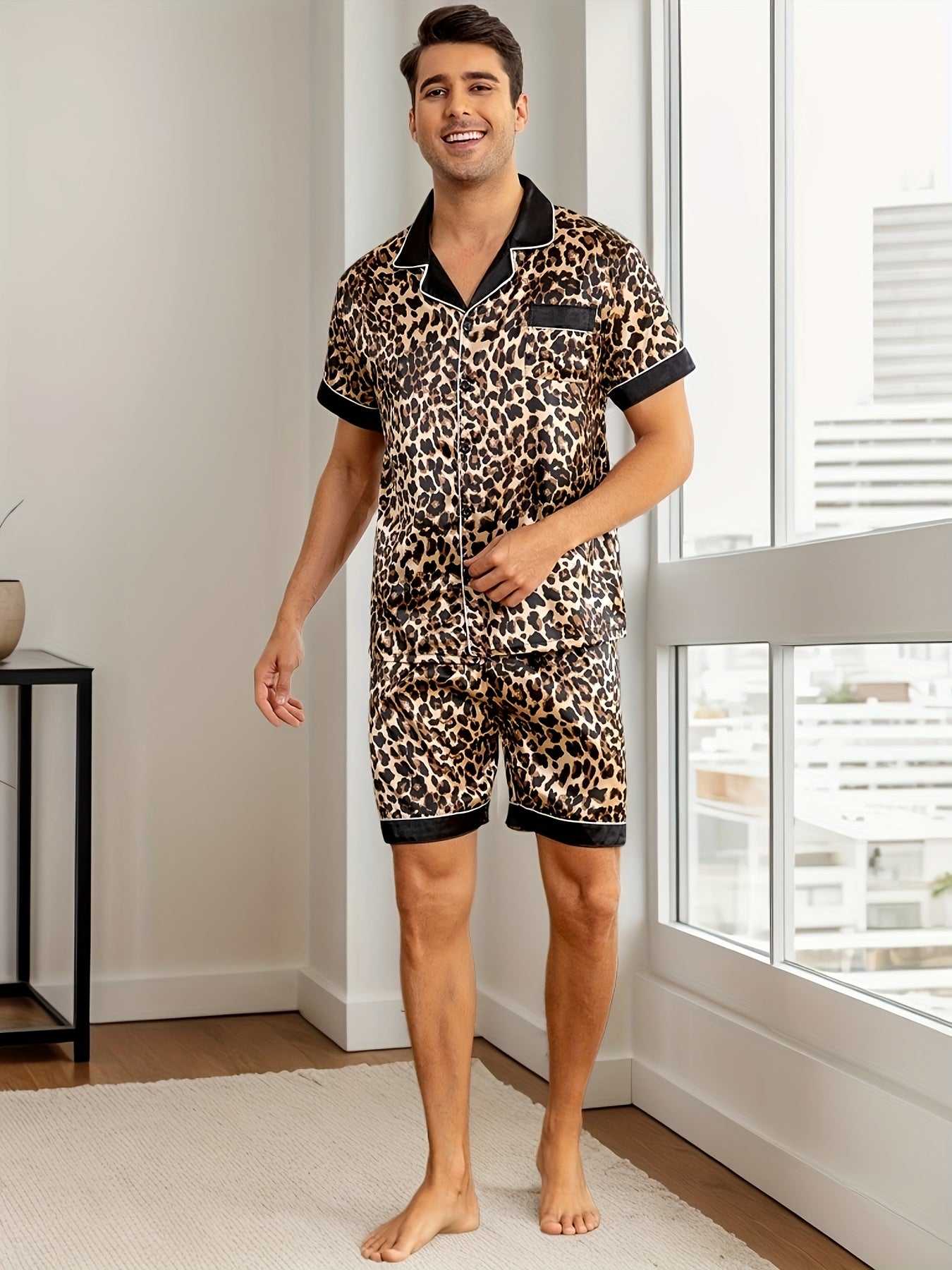 Men's Summer Pajamas Set with Reversible Collar and Short Sleeves, Cool and Breathable fabric, Skin-friendly, Simple Style