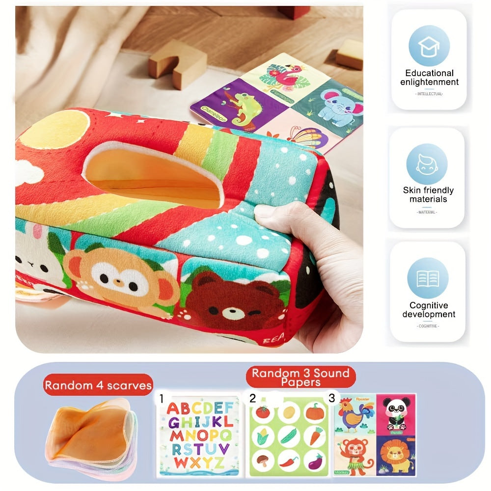 Animal School Bus Sensory Learning Toy Set - Includes Tissue Box, Educational Scarf, and Crinkle Paper. Made of Polyester in Mixed Colors by EDUVANKU