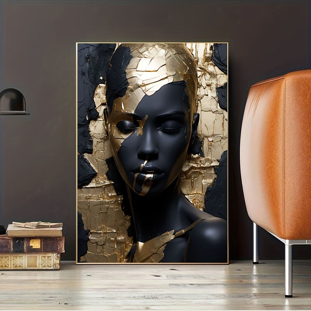 Modern, frameless Kintsugi golden portrait canvas art featuring an abstract woman face on a black background. Perfect for contemporary living room or bedroom decor.