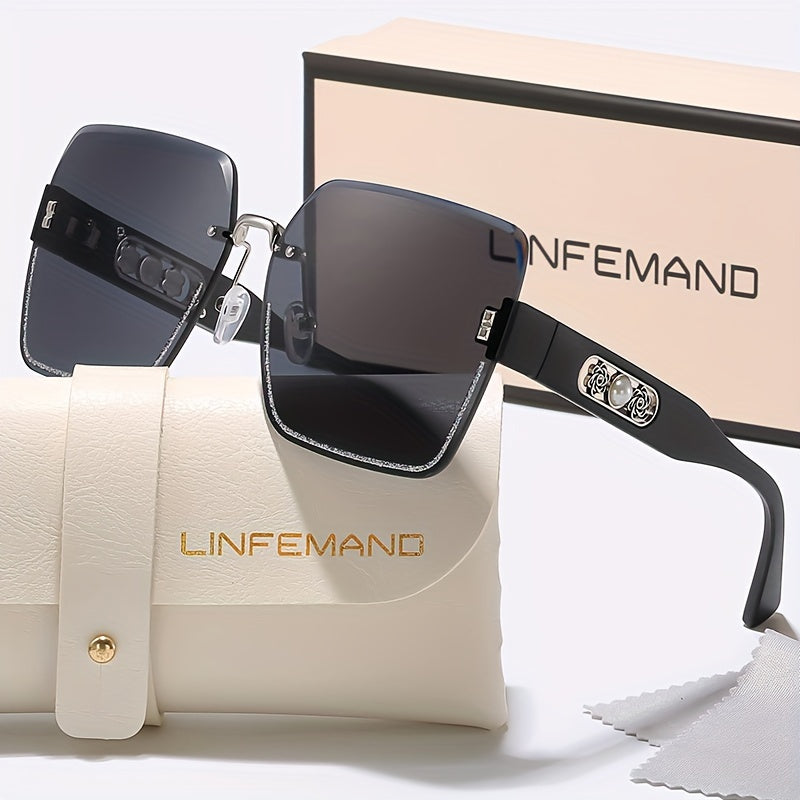 LINFEMAND Frameless Gradient Fashion Eyeglasses with Pearl Flower Decoration, PC Lens, Plastic Frame, Case, Suitable for Men and Women as Summer or Festival Gift.