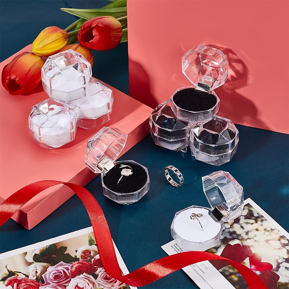 10 elegant octagonal crystal clear plastic ring boxes with metal interior - ideal for jewelry display, weddings, parties, and as jewelry boxes.