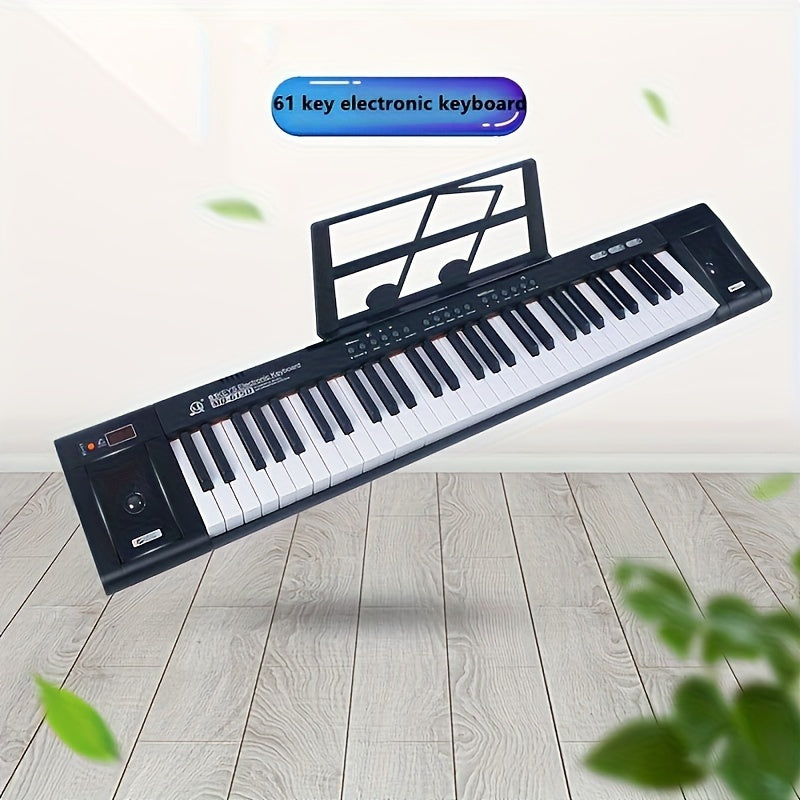 61-Key Portable Piano Keyboard with enhanced sound, suitable for beginners and adults. Includes gift for music enthusiasts, dual speakers, USB connectivity, music stand, and microphone.