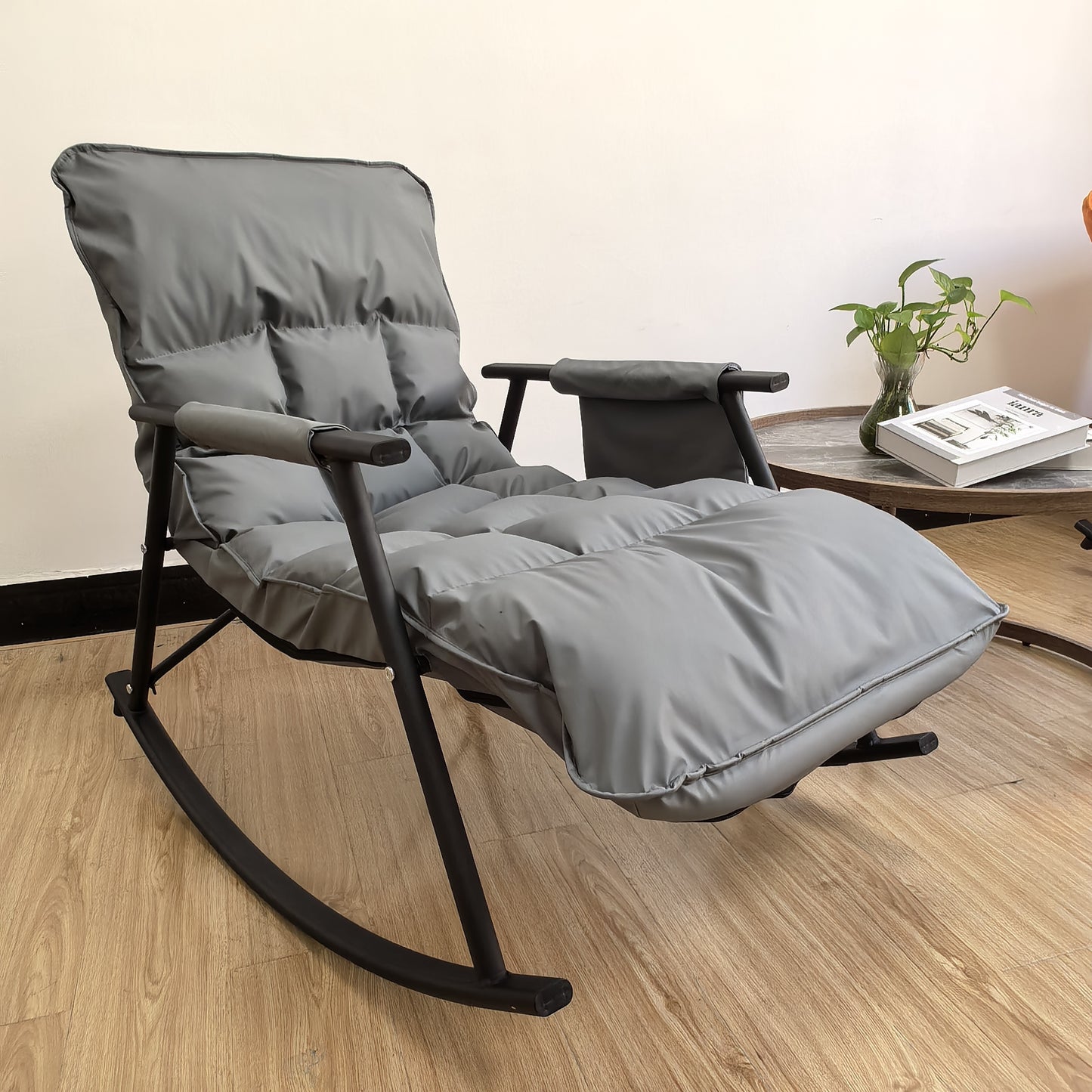 Adjustable recliner rocking chair with backrest, metal frame, detachable design, cotton fabric, luxurious orange leisure lounger for different room types.