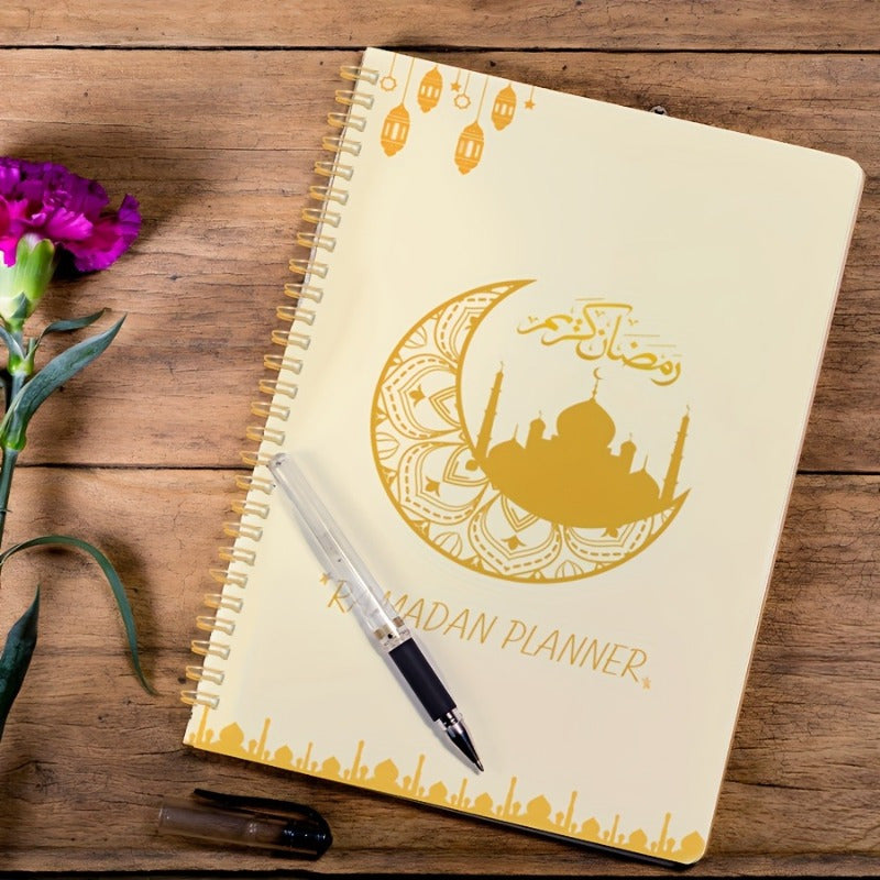 Ramadan planner notebook with crescent design, to-do list, and priorities, available in various sizes and quantities.