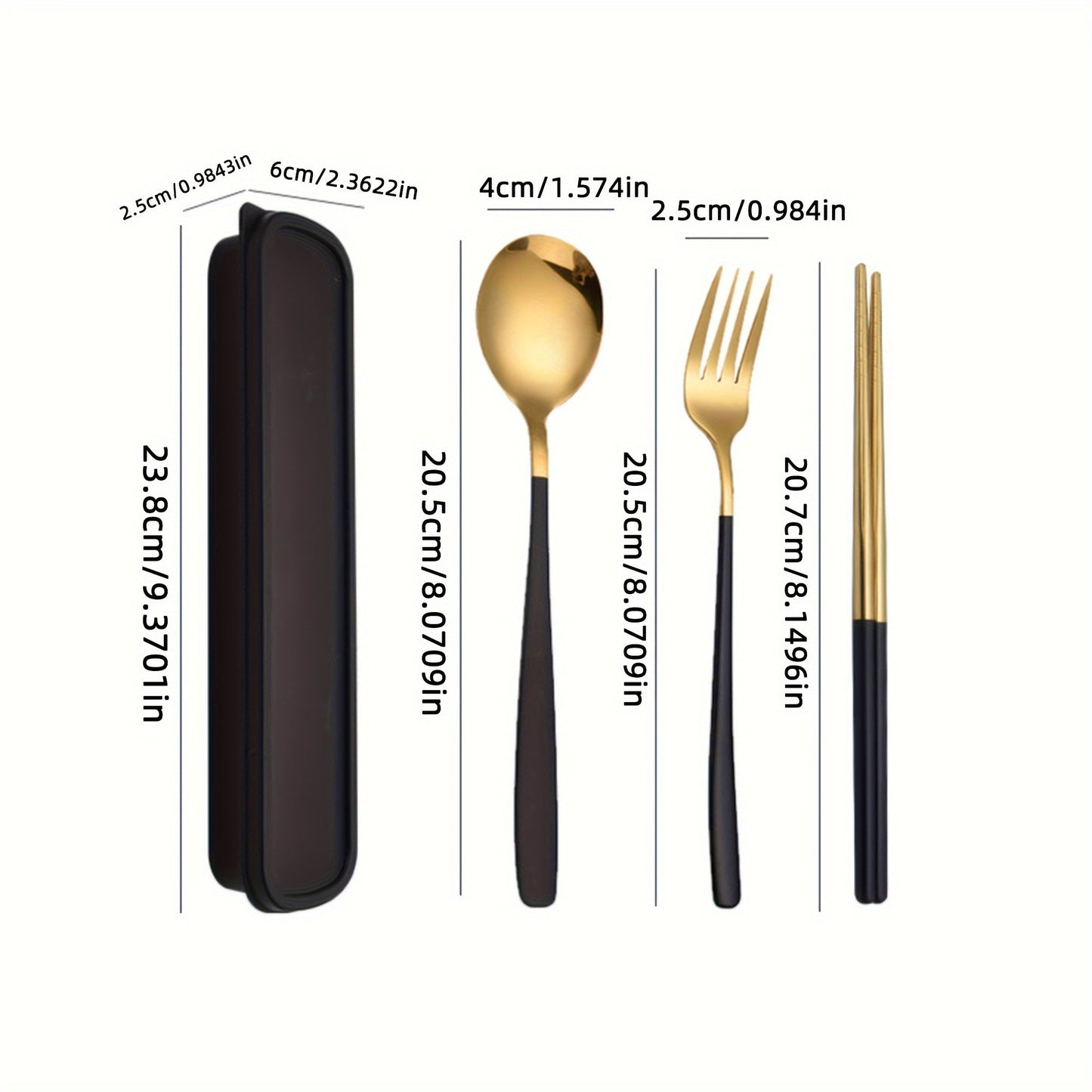 Set of 4 stainless steel portable cutlery with reusable box, including fork, spoon, and chopsticks. Perfect for steak, outdoor gatherings, camping, and as a Chinese-style gift set.