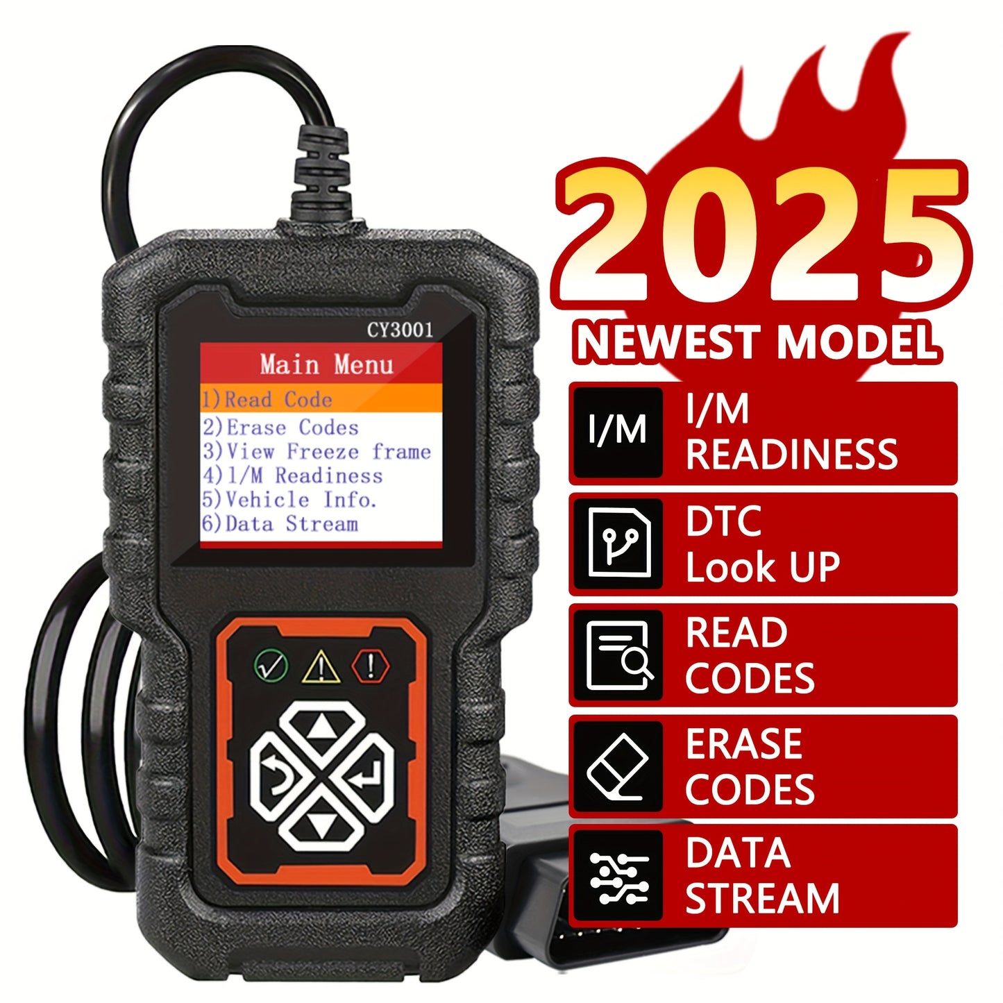 3001 Advanced OBD2 Scanner - USB-Powered with O2 Sensor Support, Lifetime Free Update, for All Vehicles 1996 & Newer, Diagnostic Menu with Code Readiness Indicator.