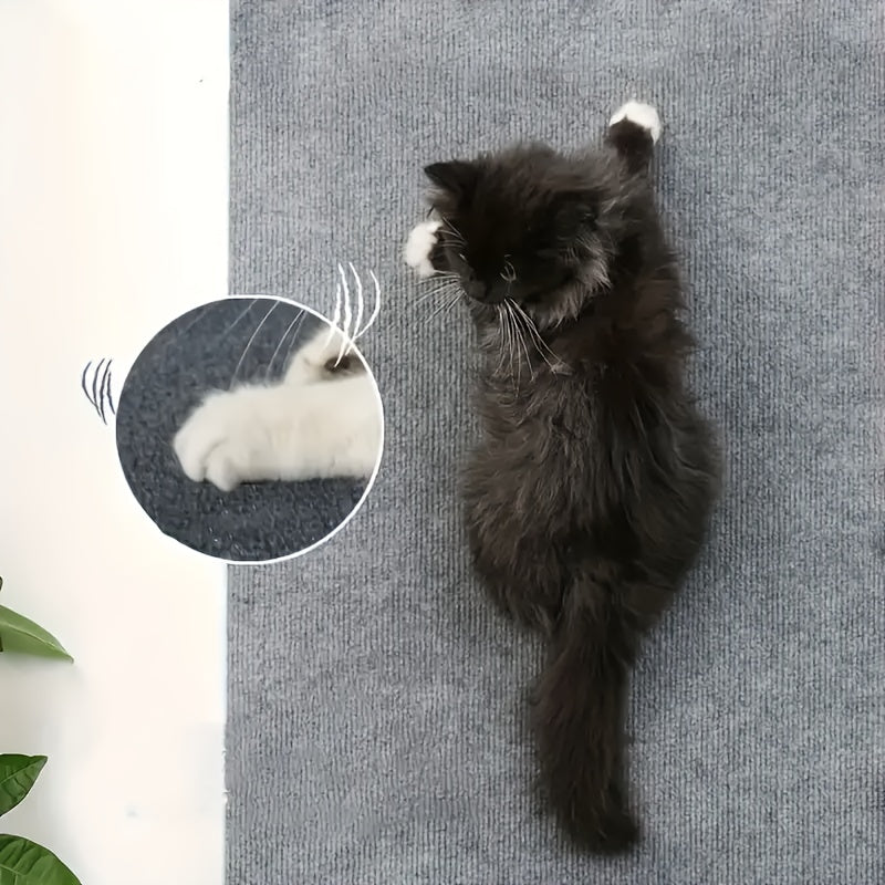 Durable self-adhesive cat scratching mat in gray protects sofas from claw damage, made of anti-dander polyester material.