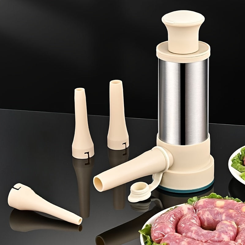 One-piece set of a manual hand-operated stainless steel sausage stuffer with 3 nozzle attachments. A durable kitchen tool for making homemade sausages, salami, and chorizo.