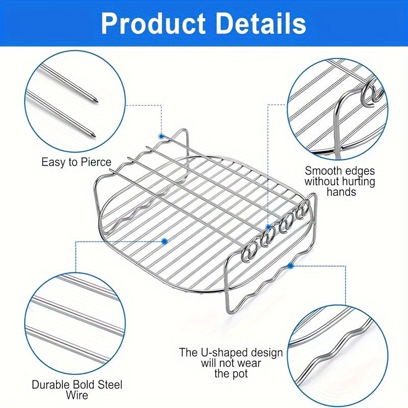 Набор необходимых аксессуаров для аэрогриля из нержавеющей стали: включает в себя 7-дюймовую двойную решетку, 4 шампура, подставку для хлеба и подставку для пара - обязательный элемент для вашей кухни
