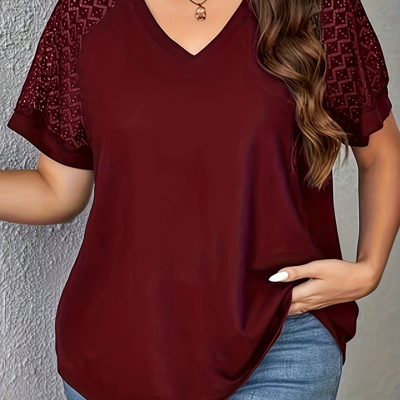 Stylish V-Neck Lace Panel T-Shirt for Women - Solid Color, Polyester Knit, Short Sleeve Casual Top for Spring/Summer