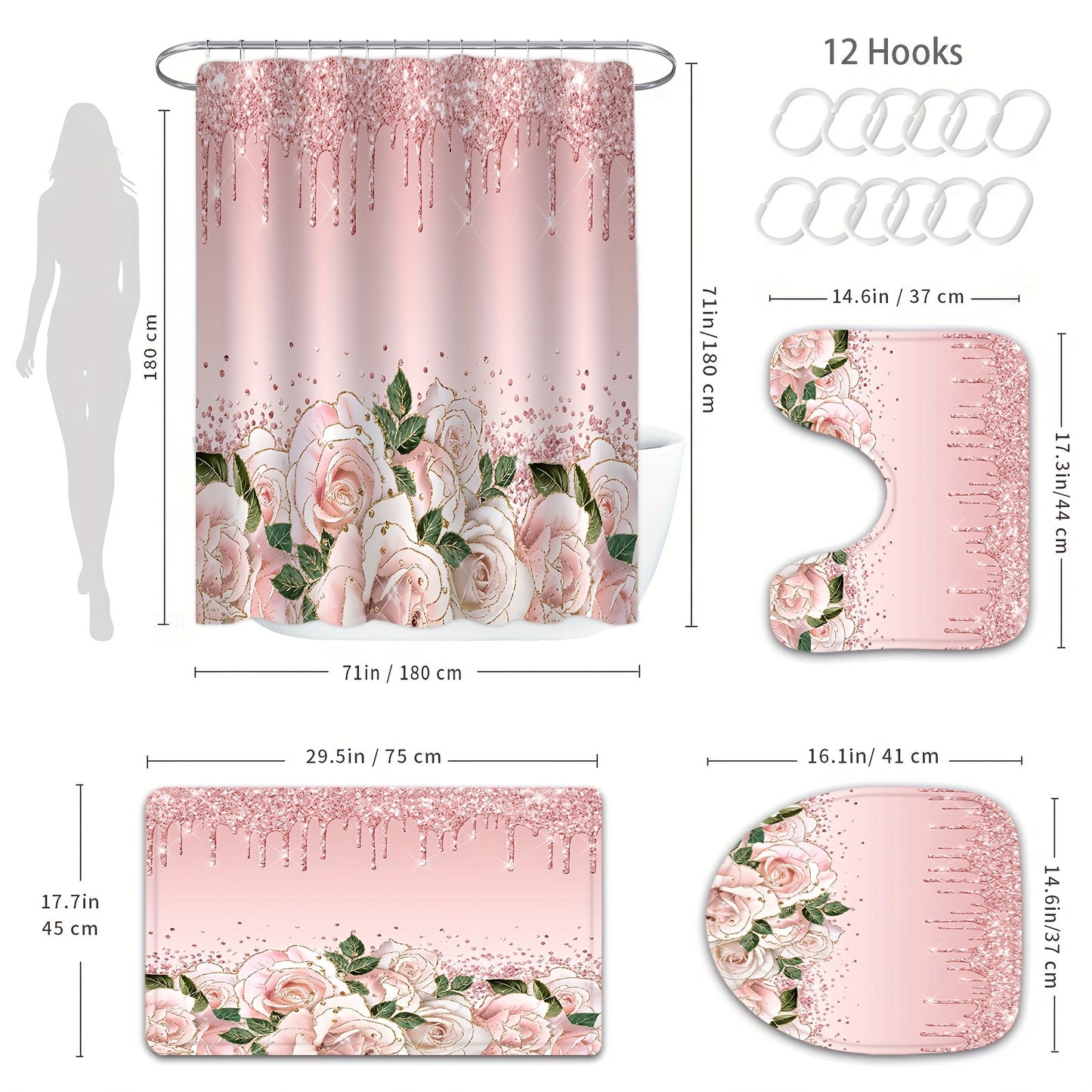 Set of 4 pink rose shower curtains with glitter, includes waterproof curtain, rug, u-shape mat, toilet lid cover, and 12 hooks.