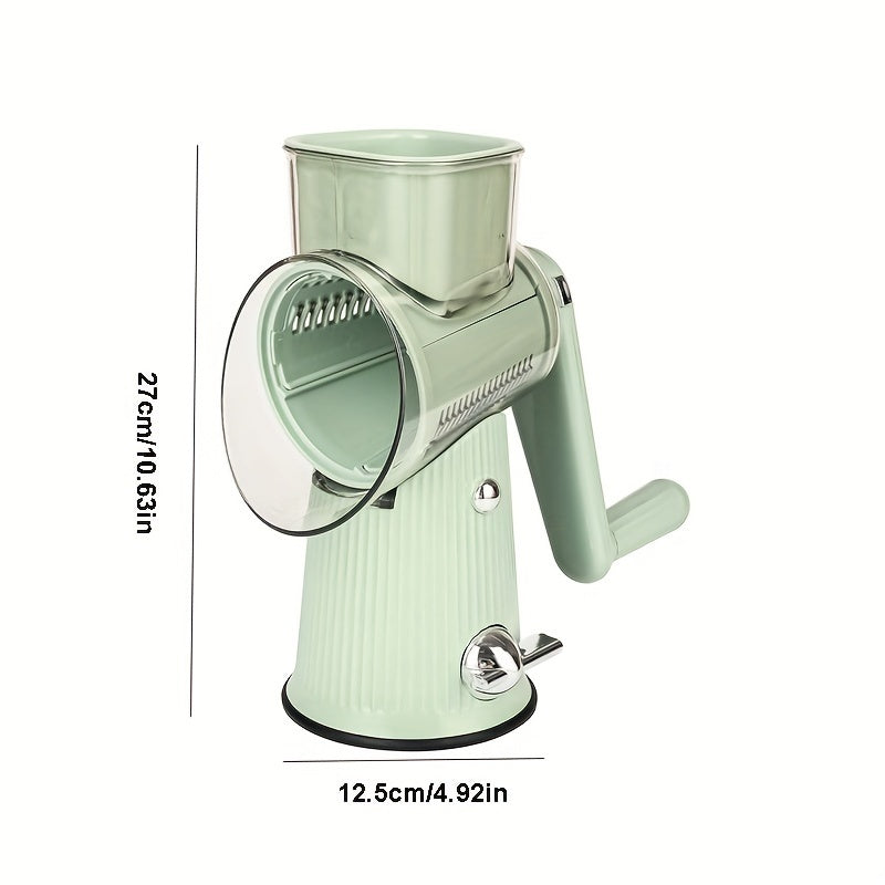 Made of durable plastic, this multi-functional 5-in-1 mandoline vegetable slicer is also a rotary cheese grater, dicer, shredder, and food processor. It comes with interchangeable blades, a safety hand guard, and a convenient storage drawer.