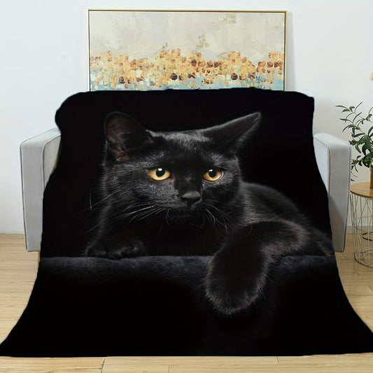 Black Cat Animal Blanket, 1 Piece, Flannel Throw Blanket, Cozy and Soft Blanket for Sofa, Office, or Bed, Perfect for Halloween