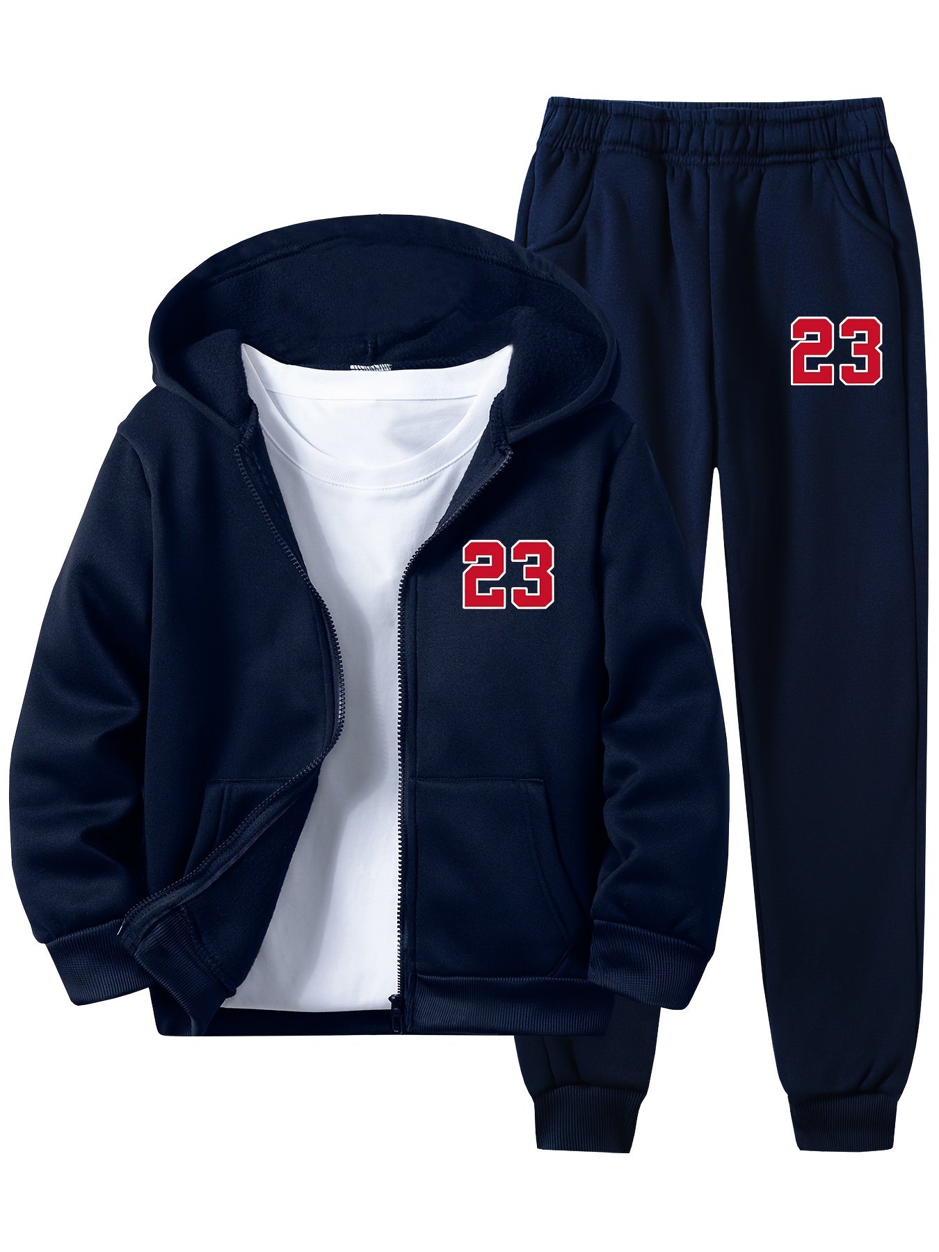 Kids' 23-Numbered Hoodie and Pants Set - Casual Zip-Up Sweatshirt and Joggers Combo in Knit Polyester, Perfect for Daily Outdoor Activities