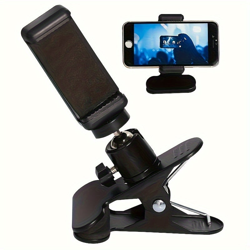 Adjustable ABS guitar headphone holder with 360-degree rotation doubles as a mobile phone stand for live streaming and music recording. Also functions as a desktop support bracket.