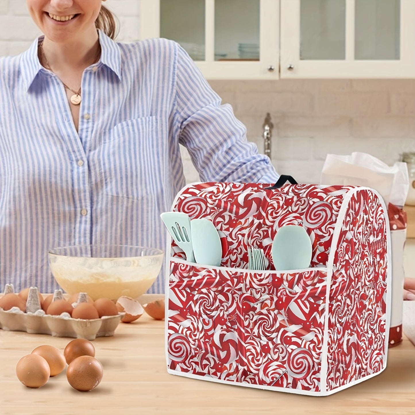 Get into the holiday spirit with this Festive Candy Cane, Santa & Lights Stand Mixer Cover! Designed for 5-8 Qt KitchenAid Mixers and Coffee Machines, this accessory is perfect for adding a touch of Christmas cheer to your kitchen. Easy to clean and