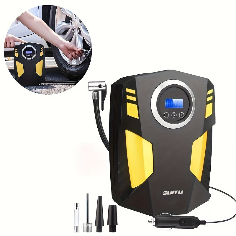 Portable tire inflator with digital gauge, LED light, and safe night use for cars and bikes.