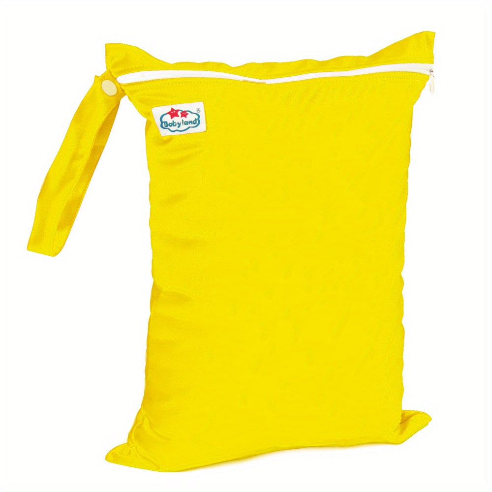 Reusable wet bag that is waterproof, perfect for cloth diapers, the beach, pool, gym, swimsuits, wet clothes, and travel. Features a single pocket and measures 29.21x39.88cm.