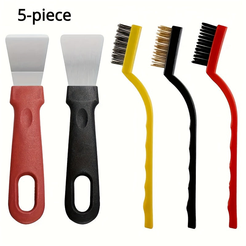 Set of 5/7 pieces, includes various tools for cleaning the kitchen. This set includes a cleaning shovel, defrosting shovel, power wire brush, scrub brush, gas stove range hood pot sink cleaning tool, and heavy oil stains removal brush shovel. Get all the