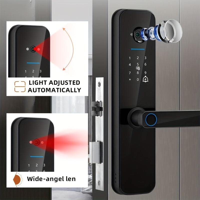 Smart door lock with biometric camera, fingerprint, smart card, password, and key unlock.