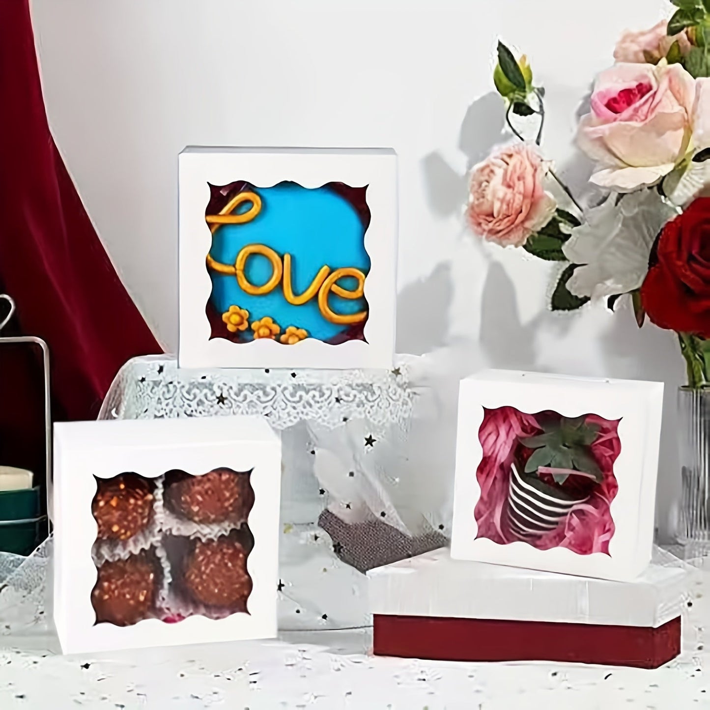 Truffle Boxes in Sets of 12, 50, or 100. Each box measures 8.13 X 8.13 X 3.81cm and is ideal for chocolates, soaps, cookies, donuts, macarons, and other baked goods. These mini bakery boxes feature a window and are perfect for gifting on Christmas