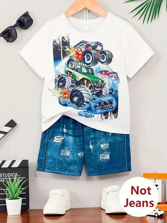 Boys' fashion car pattern short sleeve t-shirt + imitation denim shorts set, soft, comfortable, and breathable, perfect for outdoors