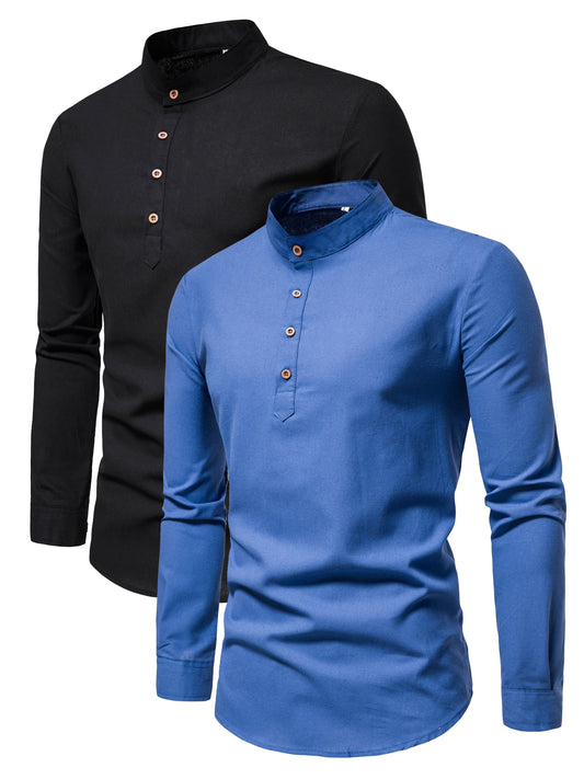 Men's two-piece set of pure cotton long-sleeved shirts with stand-up collar for spring/autumn. Fashionable solid color outdoor slim fit tops.