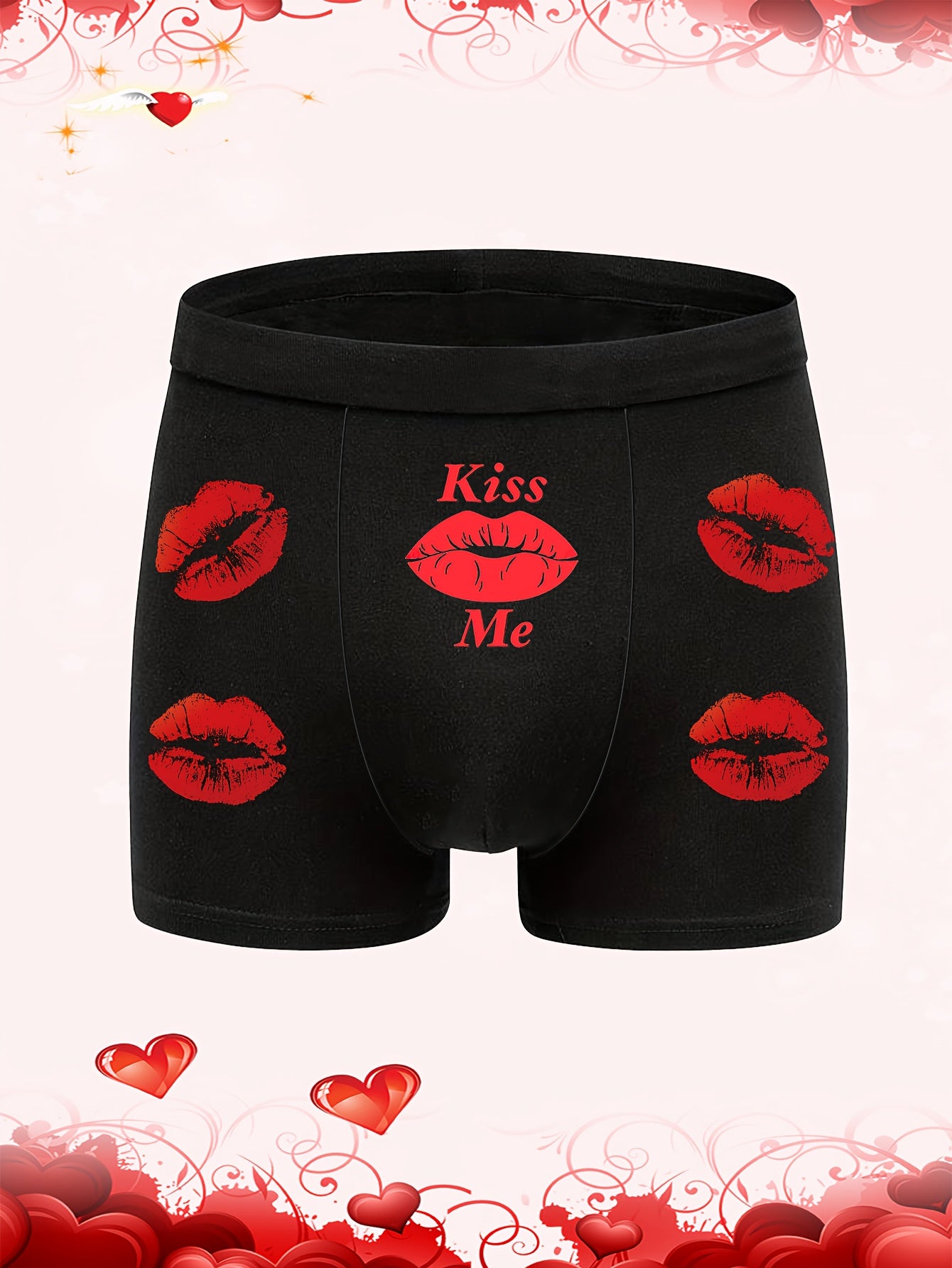 Men's black boxer shorts with red lips and print letter patterns for Valentine's Day, comfortable and stretchy.