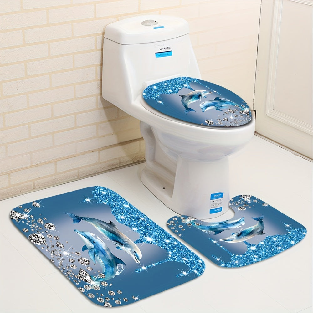 4-piece shining diamond dolphin printed bathroom set in blue includes a waterproof shower curtain, non-slip rug, toilet u-shape mat, and toilet lid cover mat with hooks.