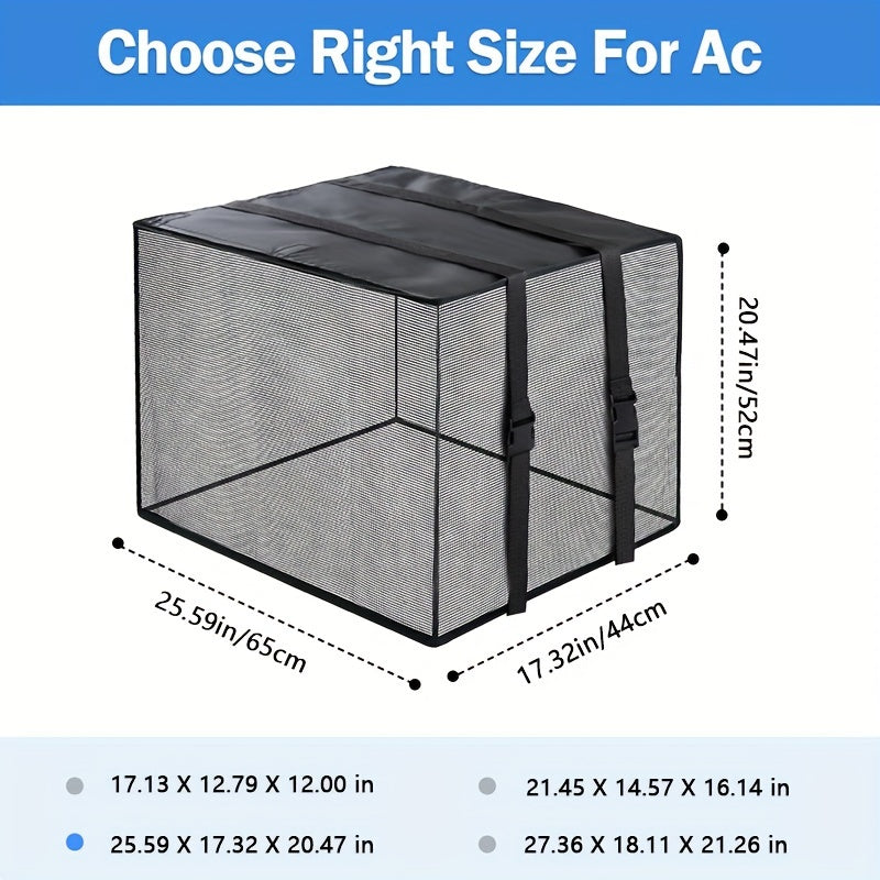 Easily install the waterproof outdoor window AC cover, measuring 43.18cm x 30.48cm x 33.02cm. This cover protects your AC against cottonwood, leaves, and debris with its ventilated mesh design.