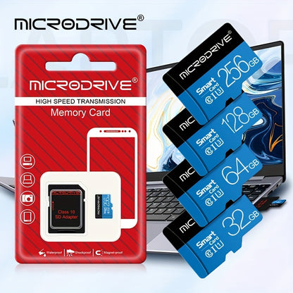 Microdrive Blue Class 10 TF Memory Card is available in 32GB, 64GB, 128GB, and 256GB with U3 support, includes an SD adapter for smartphones and DVRs.