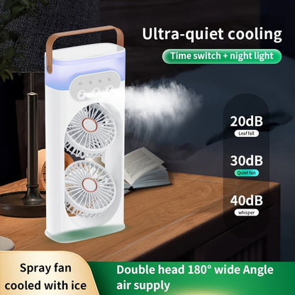 This portable table fan features dual USB-powered fans and a built-in humidifying misting feature. Made of durable painted plastic, it provides indoor and outdoor cooling with its ultra-quiet operation and convenient button control. The fan comes with a