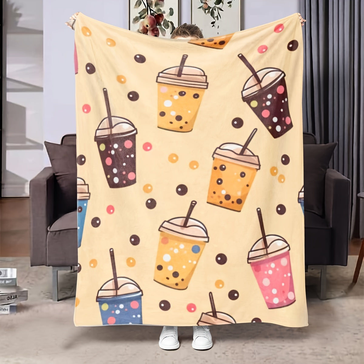 Modern Boba Tea Design Flannel Throw Blanket - Soft and Lightweight, Perfect for Bed or Sofa - Features Cartoon Bubble Pattern, Ideal for All Seasons - Made with Soft Knit Digital-Print Polyester Cover, 200-250 g/㎡.