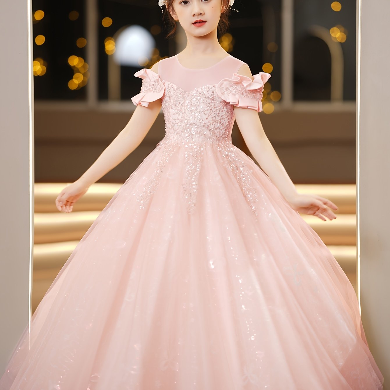 Light pink princess dress for girls - sleeveless with ruffle detail, fluffy tulle skirt, ideal for pageants, weddings, and performances, made of polyester/viscose blend.