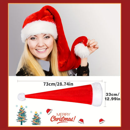 1 Extra Long Plush Santa Hat in Red or Black, Universal Holiday Decor with Pom-Poms, Perfect for New Year's Celebrations.