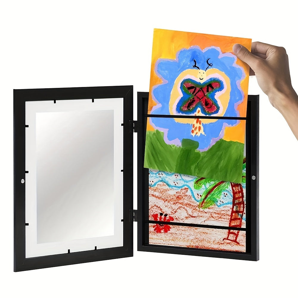 Multifunctional magnetic art display frame - front-opening, durable wood, hangs horizontally or vertically for posters, photos, and paintings - stylish black, great for decorating and gifting.