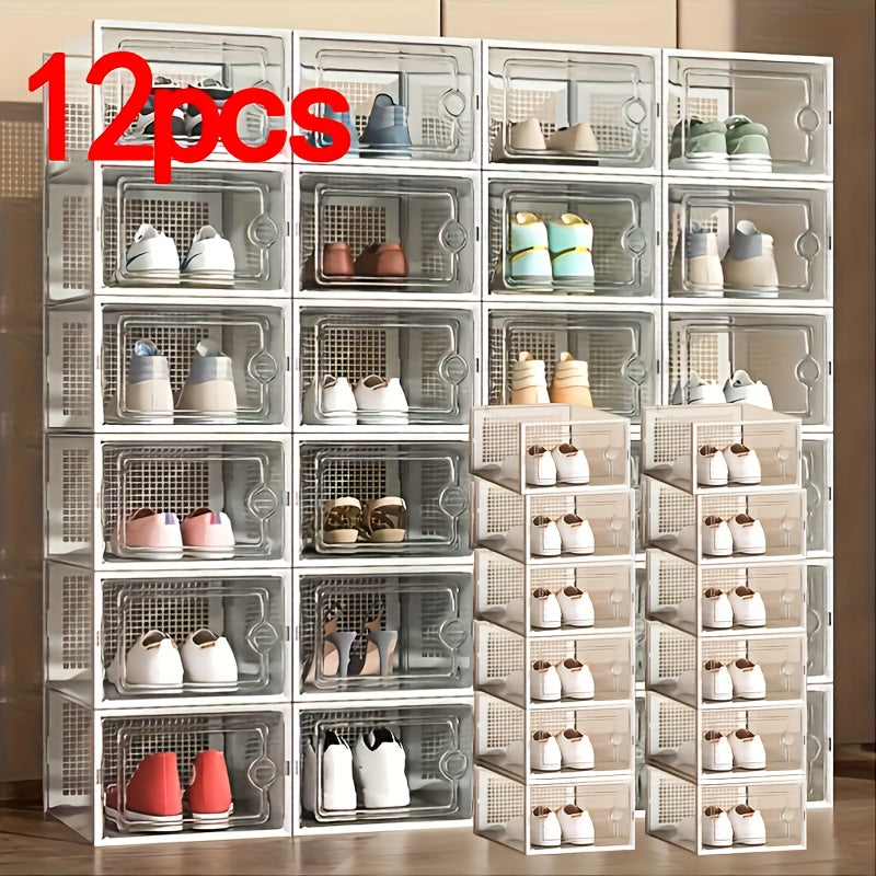 An assortment of clear plastic shoe containers in different dimensions, created for easy stacking and acting as multiple-tier shoe storage units that keep dust at bay. These adaptable shoe organizers are ideal for showcasing in homes and dorm rooms