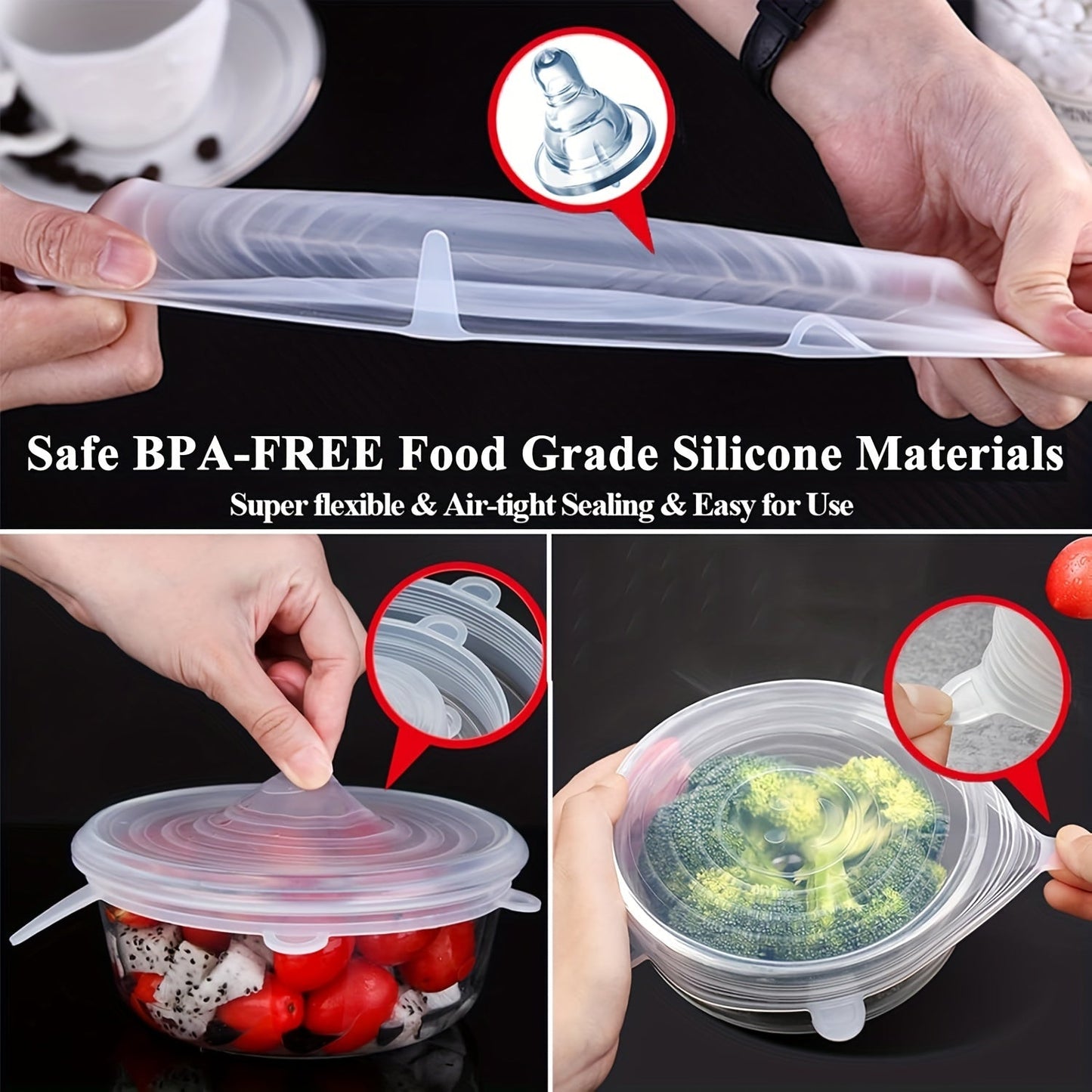 Flexible silicone lids for pet and human food cans - designed to fit perfectly on 3 standard sizes: 6.6cm, 7.49cm, and 8.13cm cans - ideal for small pet food containers - preserves freshness of food.