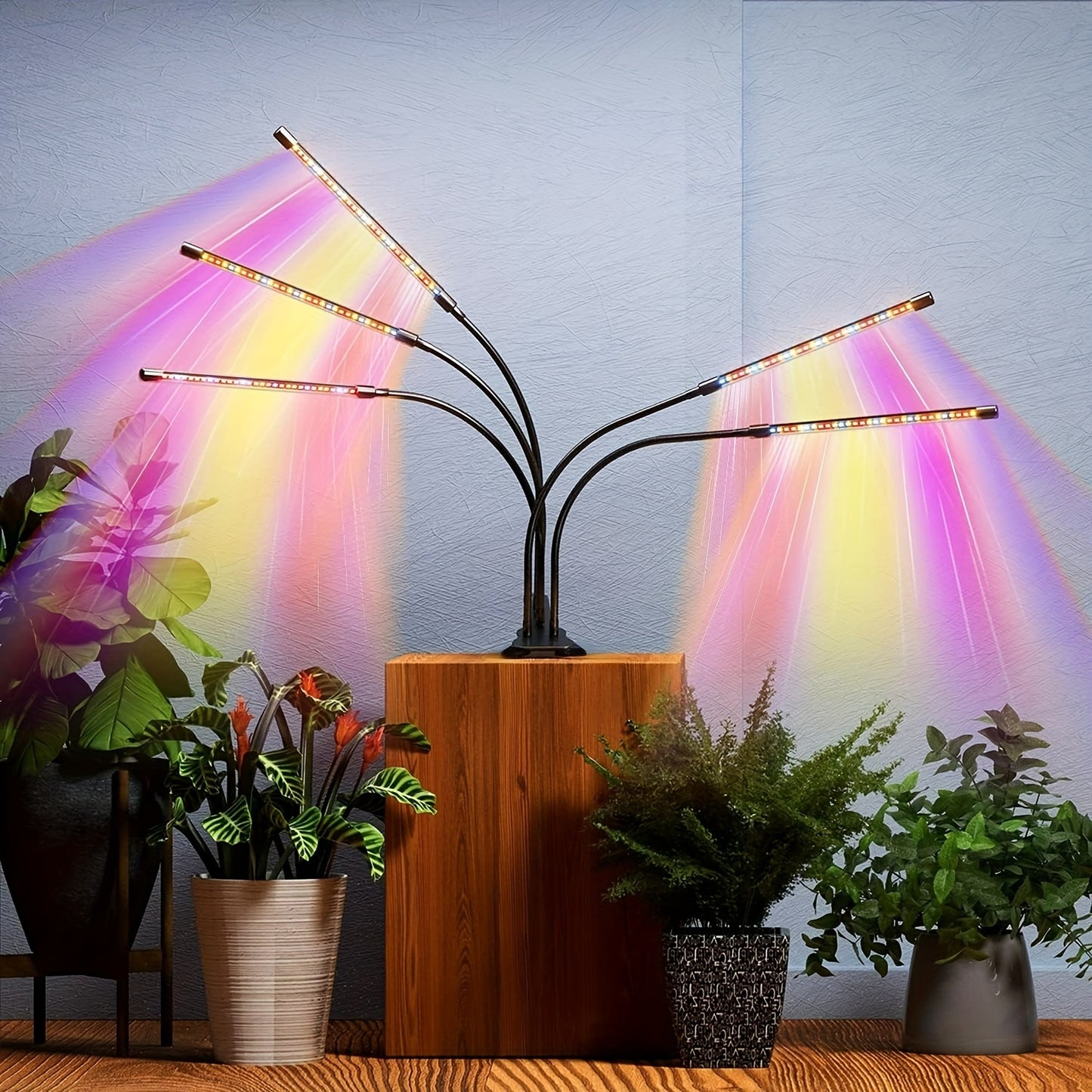 The 5/2-Head LED Grow Light is a full spectrum clip plant light with yellow, blue, and red LEDs, perfect for indoor plants. It features 5 brightness levels and an automatic timer with