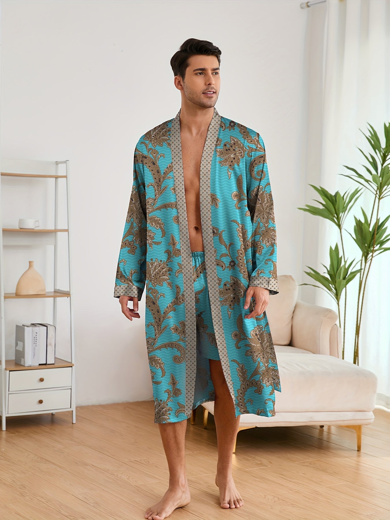 Men's elegant and light luxury pajama set with stylish floral print, featuring a V-neck long sleeve robe and shorts for home wear.